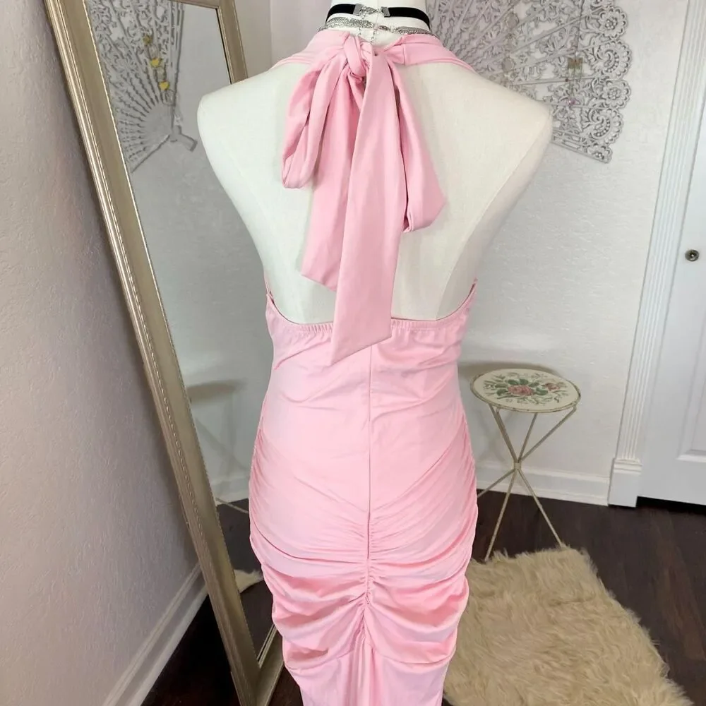 Nwot Light Pink Scrunched Trumpet Mermaid Deep Cutout Maxi Evening Dress M
